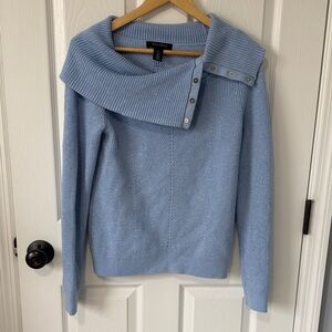 White House Black Market Light Blue Off-Shoulder Snap Collar Sweater